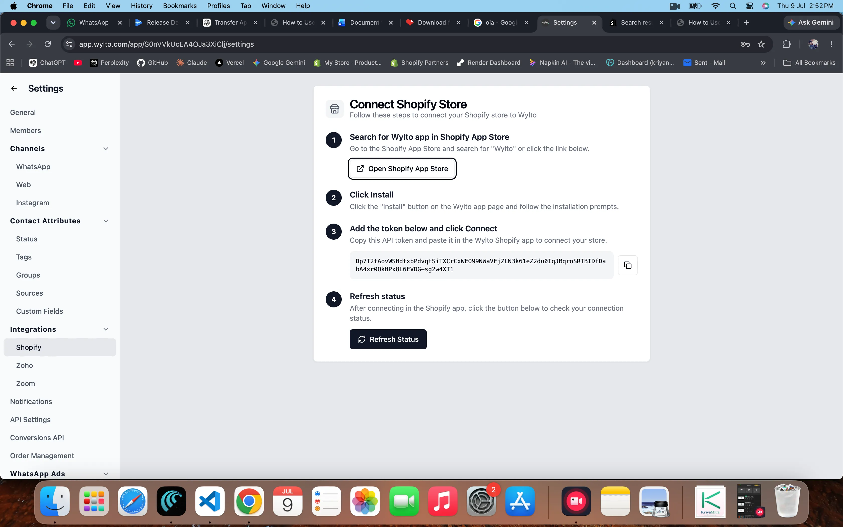 The Connect Shopify Store guide in Wylto (Settings → Integrations → Shopify) — click Open Shopify App Store to reach the same listing.