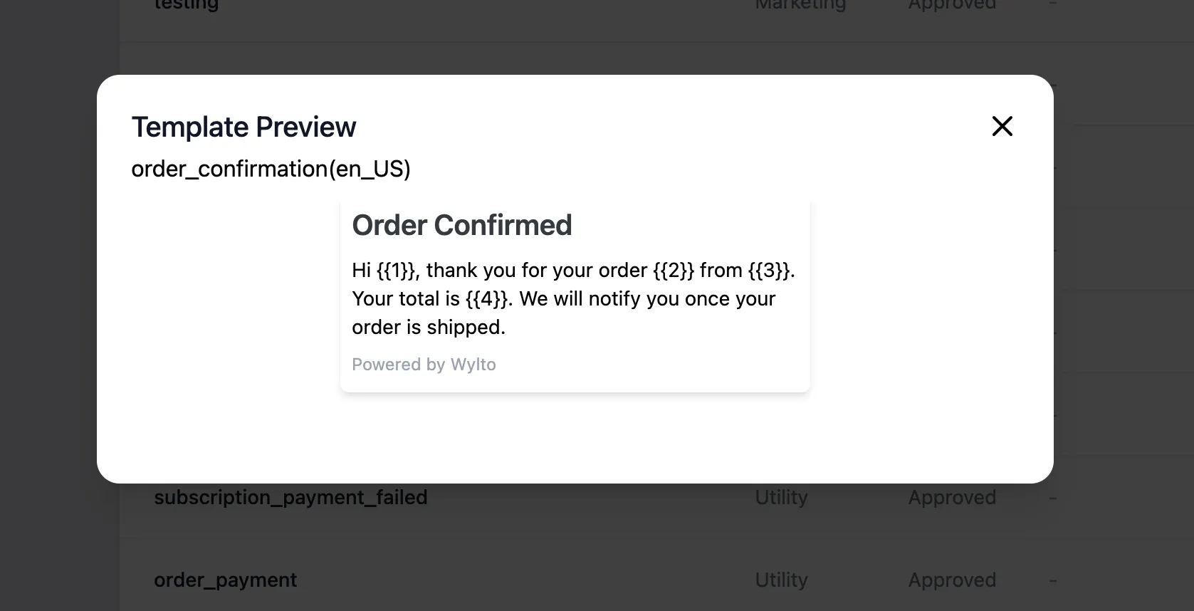The approved order_confirmation template preview in Wylto.