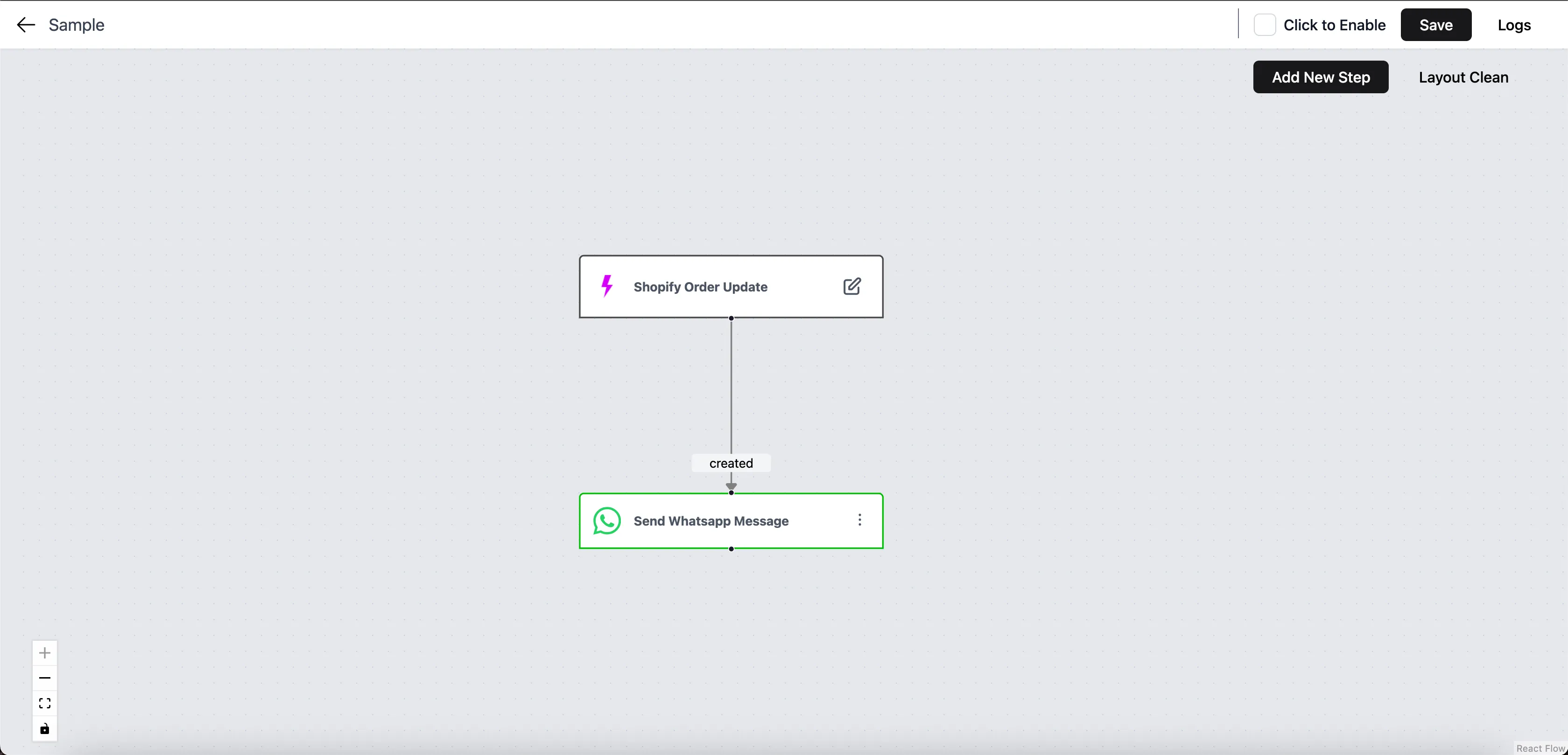 Connected — the trigger now flows into the message (labelled created). The automation is ready to enable.